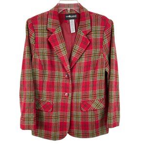 Sag Harbor Petite Womens Size 10P Red & Olive Green Tartan Plaid Lined Blazer